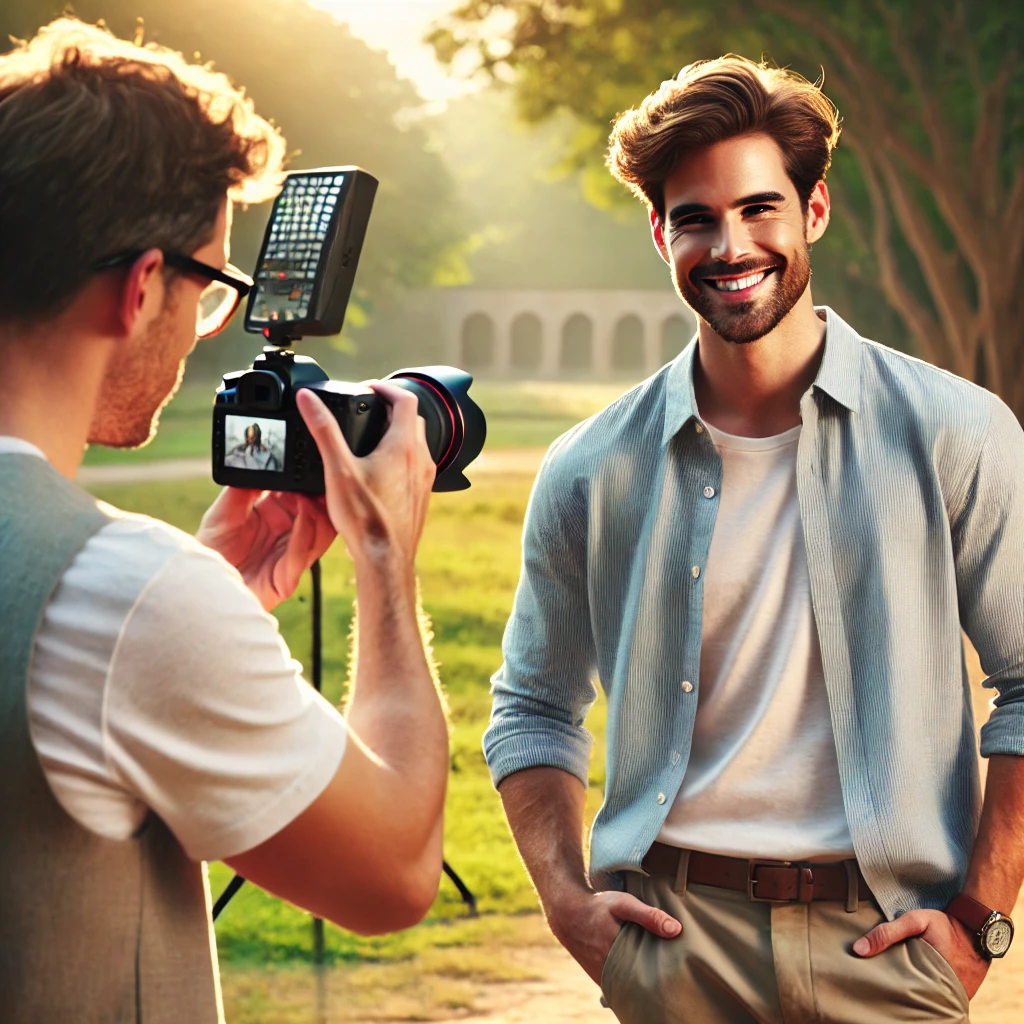 Dall·e 2024 10 13 14.44.53 A Professional Photographer Taking A Portrait Of A Man Outdoors In Soft Natural Lighting, Capturing Lifestyle Photography For A Dating Profile. The Sc